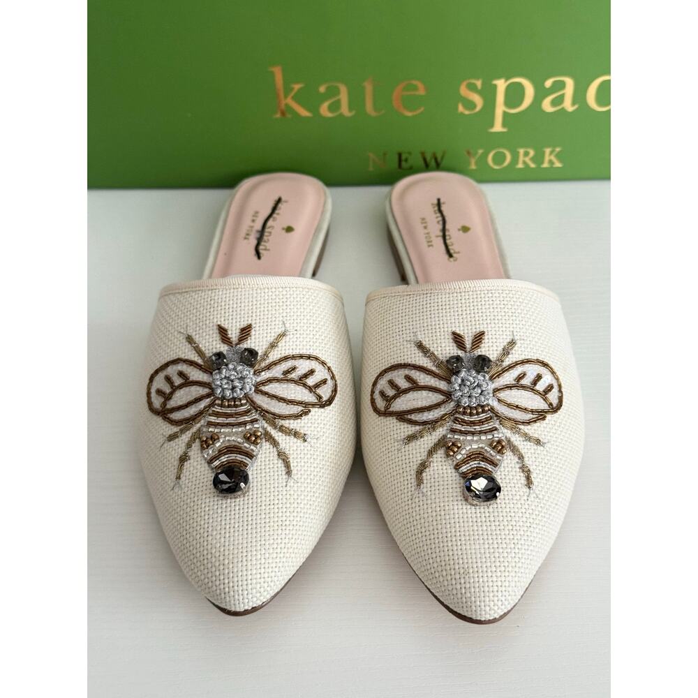 Kate Spade Maddie Bee Embellished Canvas Mules NIB Defaced Size 7.5M